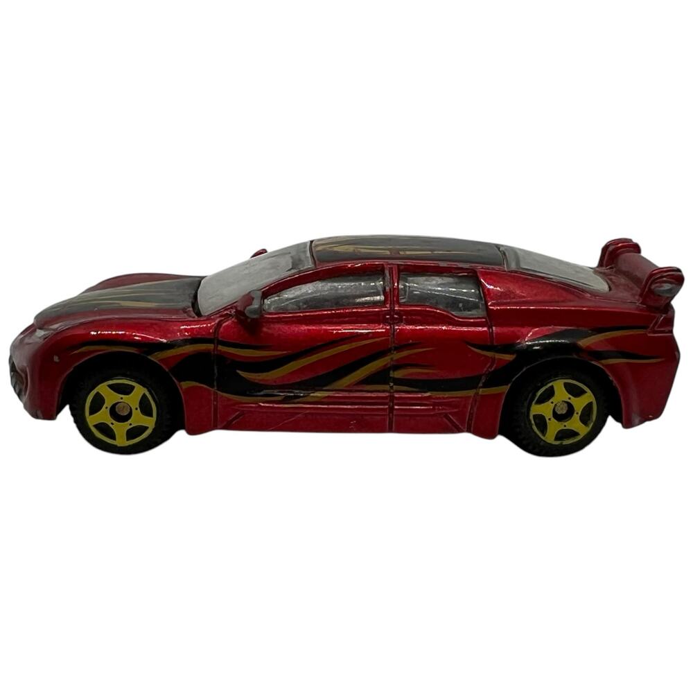 Red Diecast Toy Car with Yellow Flame Decals & Rear Spoiler